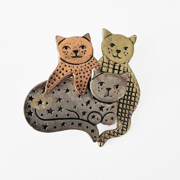 Vintage Cat Trio Metal Brooch Pin - Picture 1 of 3